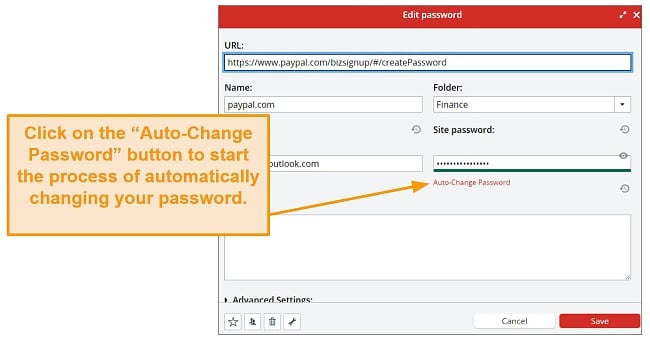 LastPass auto-change password button