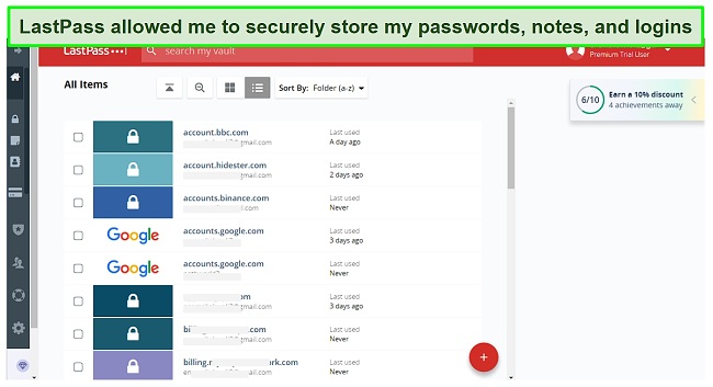 Screenshot of LastPass vault