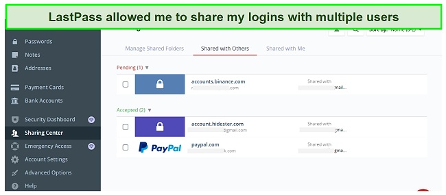 Screenshot of LastPass sharing center