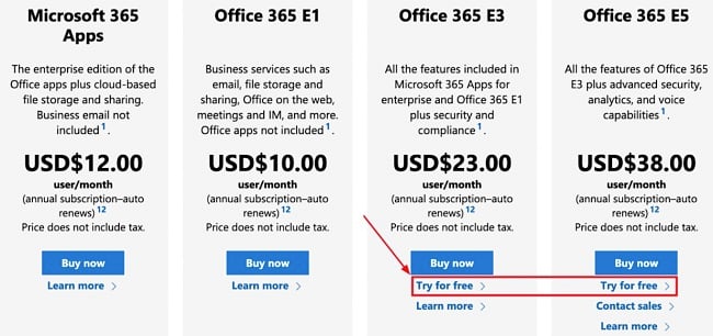 Microsoft Stream pricing screenshot