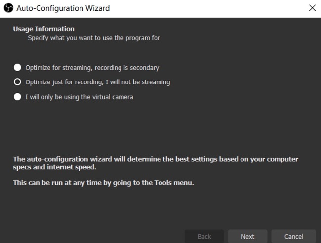 OBS Studio auto configuration wizard screenshot