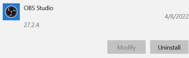OBS Studio uninstall screenshot