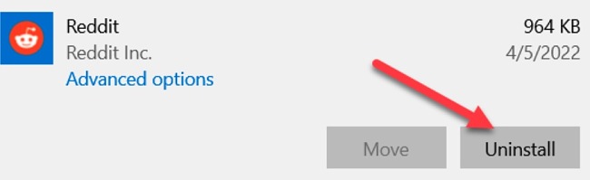 Reddit uninstall screenshot