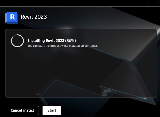 Capture d'écran de la progression de l'installation de Revit
