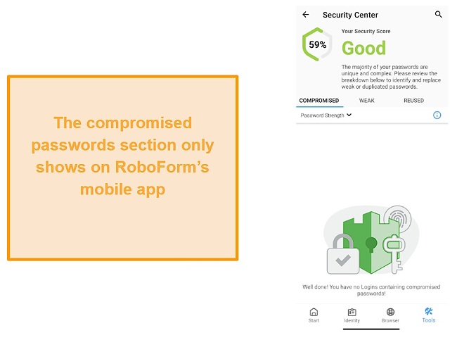 Screenshot of RoboForm's compromised passwords section