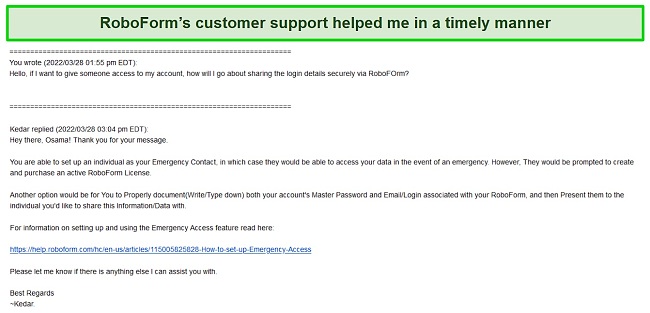 Screenshot of RoboForm support's response