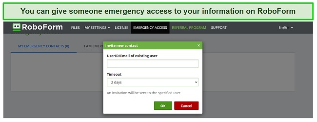 Screenshot of RoboForm's emergency access feature