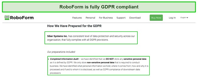 Screenshot of RoboForm's GDPR compliance