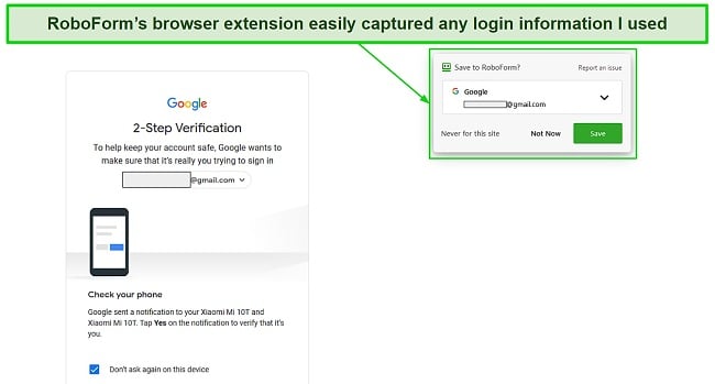 Screenshot of RoboForm's browser extension capturing login information