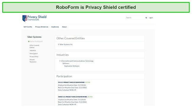 Screenshot of RoboForm's Privacy Shield certification