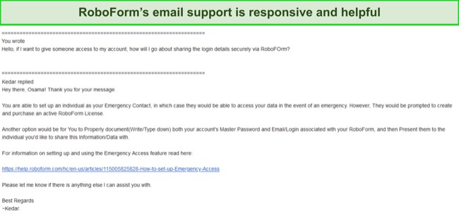 Screenshot of a conversation with RoboForm's email support