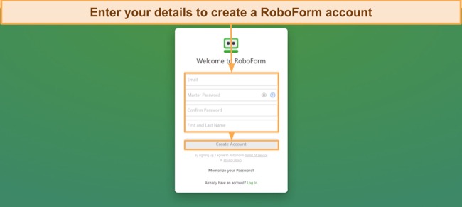 Screenshot showing how to create your first RoboForm account