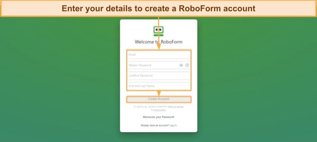 Screenshot showing how to create your first RoboForm account