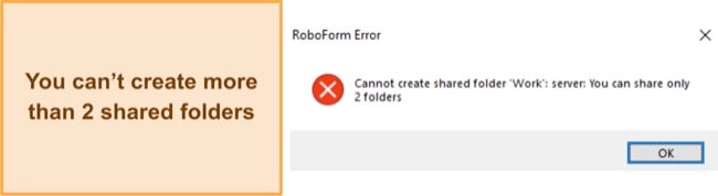 Screenshot of an error message highlighting you can only share 2 folders