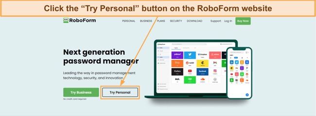 Screenshot showing how to choose the Personal plan on RoboForm's website