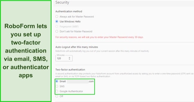 Screenshot showing the available two-factor authentication options in RoboForm