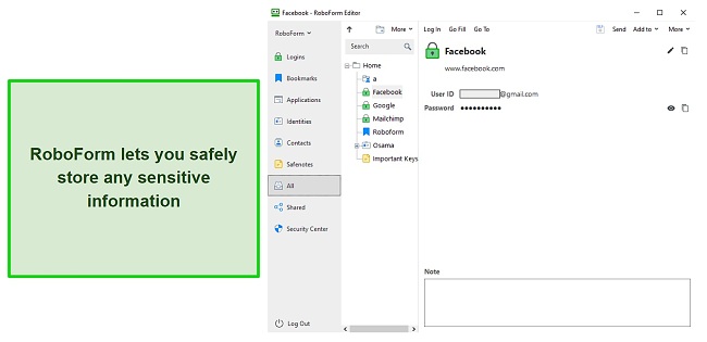 Screenshot of RoboForm's secure information storage