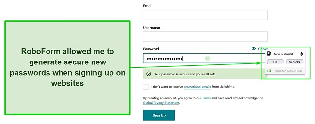 Screenshot of RoboForm's secure password generator