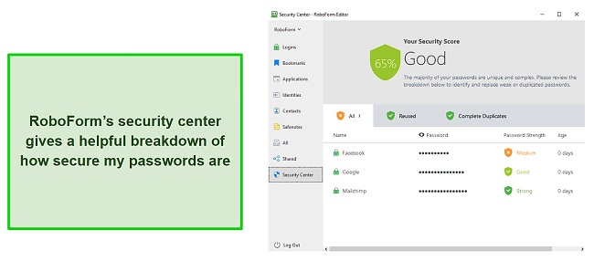 Screenshot of RoboForm's Security Center
