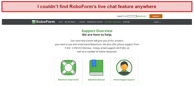 Screenshot of RoboForm's support options