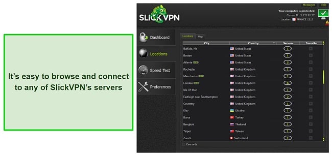 Screenshot of SlickVPN's server browser