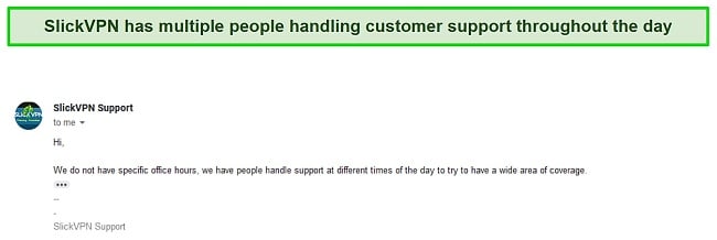 A Screenshot of SlickVPN's customer support response