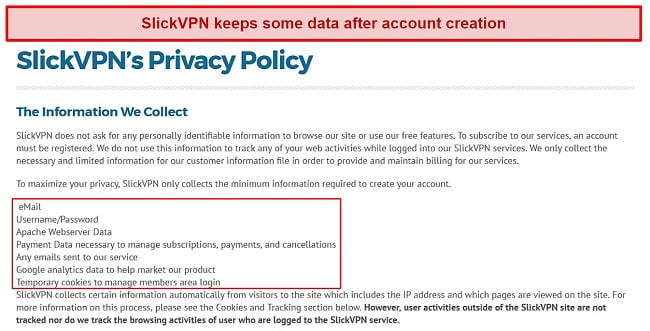 Screenshot of SlickVPN's privacy policy