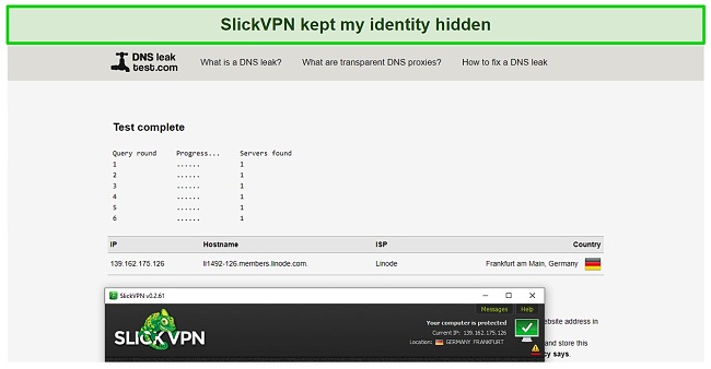 Screenshot of SlickVPN passing a DNS leak test
