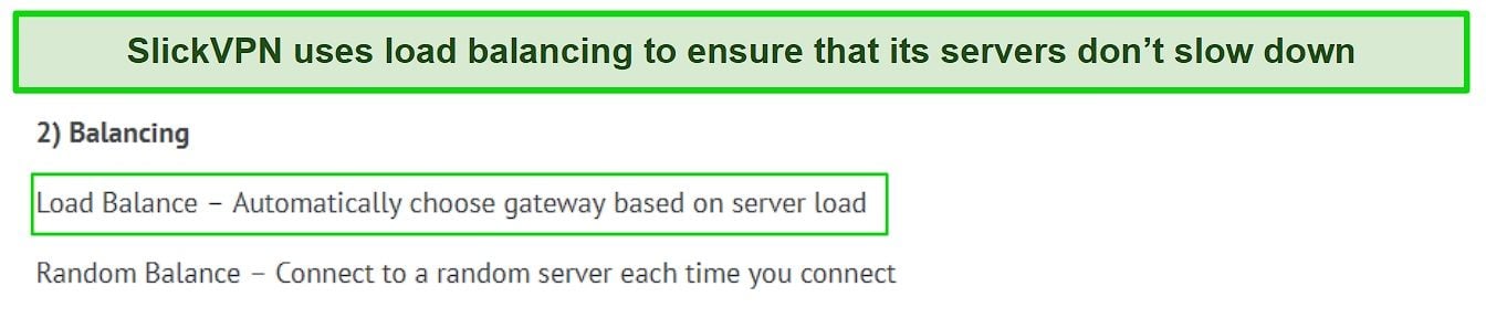 Screenshot explaining SlickVPN's load balancing feature