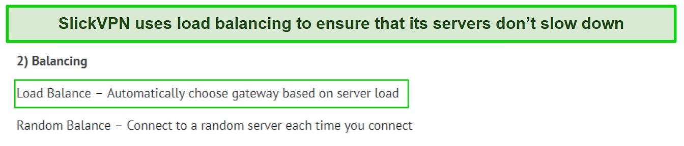 Screenshot explaining SlickVPN's load balancing feature