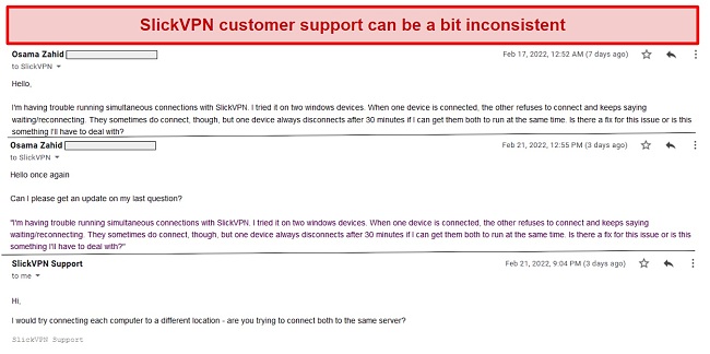 A screenshot of SlickVPN's customer support being slow to respond