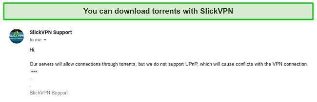 Screenshot of SlickVPN customer support explaining P2P support