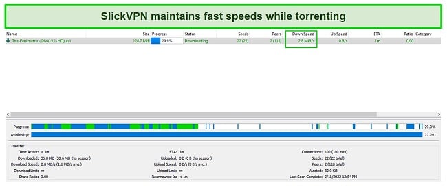 Screenshot of SlickVPN's torrent download speeds