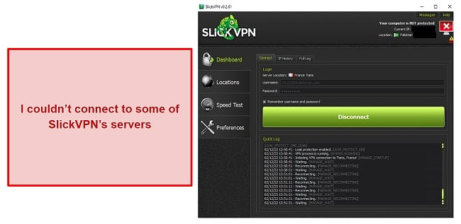 Screenshot of SlickVPN failing to connect to its Paris, France server
