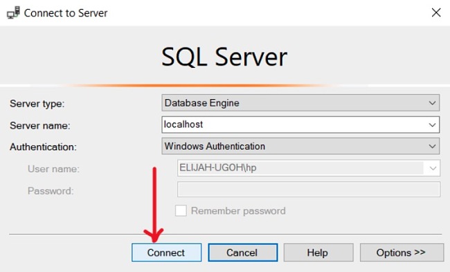 SQL Server Management Studio server connect button screenshot