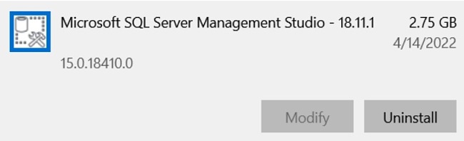 SQL Server Management Studio uninstall screenshot