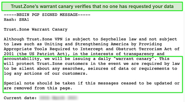 Screenshot showing part of of Trust.Zone's warrant canary
