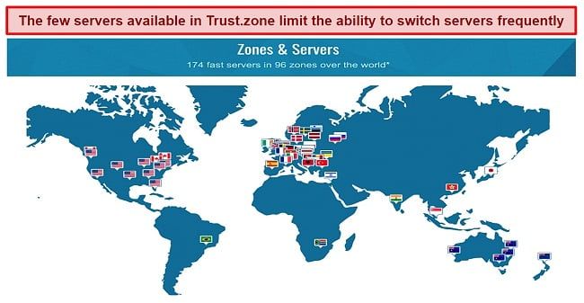 Screenshot of the server locations available on Trust.Zone