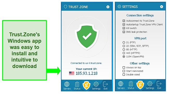 Screenshot of the home and settings page of Trust.Zone's Windows app