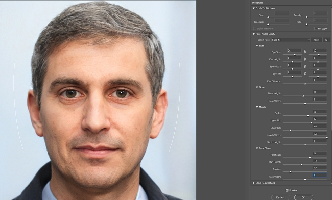 Snímek obrazovky nástroje Face Aware Liquify ve Photoshopu
