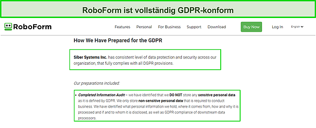 Screenshot der DSGVO-Konformität von RoboForm.