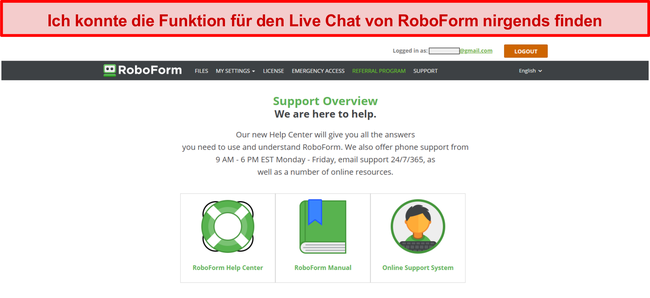 Screenshot der Support-Optionen von RoboForm.