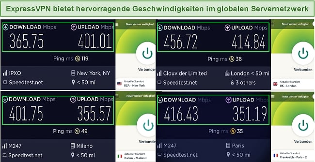 Beispiele für Express-VPN-Geschwindigkeitstests auf globalen Servern