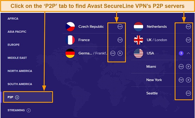 Screenshot of Avast SecureLine VPN dedicated P2P servers