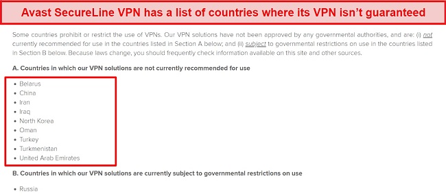 Screenshot of Avast blog post showing a list of countries the VPN may not work in