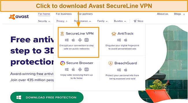 A screenshot showing the download button on Avast SecureLine VPN webpage