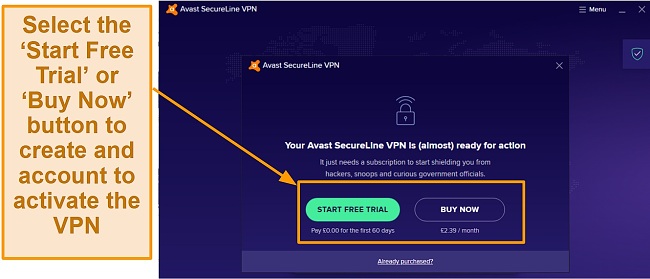 A screenshot showing the free trial button to sign up for an Avast SecureLine VPN account