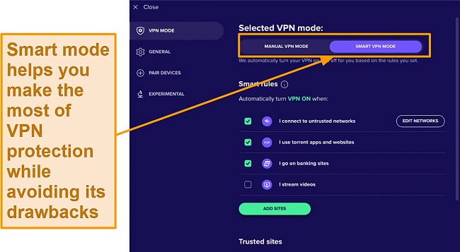 Screenshot of Avast SecureLine VPN manual and smart selection mode