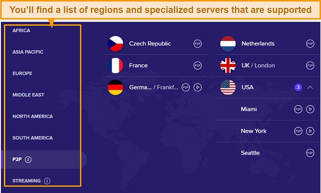 Screenshot of Avast SecureLine VPN servers by regions