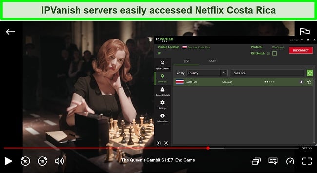 Screenshot of IPVanish streaming The Queen's Gambit on Netflix Costa Rica